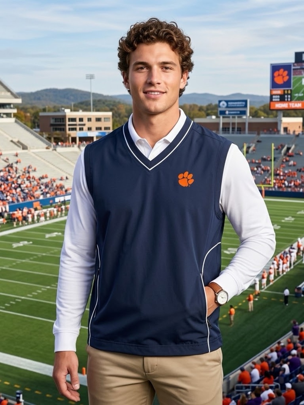 Cutter & Buck Navy V-Neck Sleeveless Vest with Orange Paw Accent